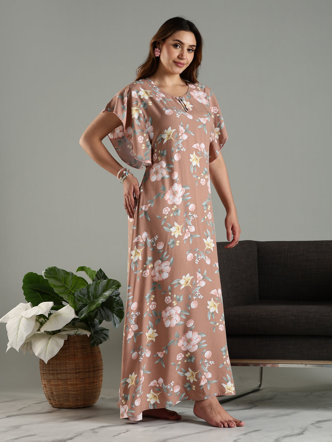 Classy Brown Rayon Frock Nighty For Women with Side Pocket