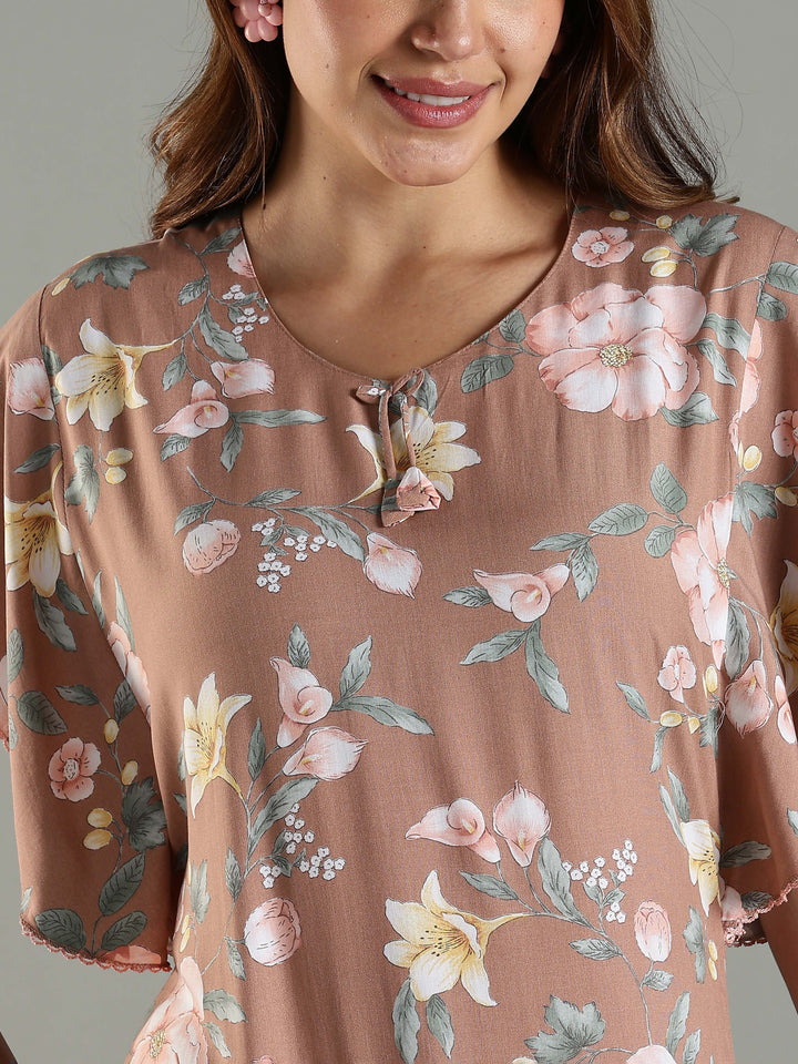 Classy Brown Rayon Frock Nighty For Women with Side Pocket