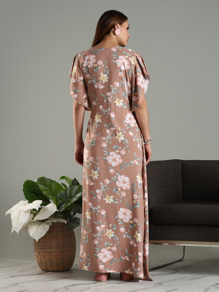 Classy Brown Rayon Frock Nighty For Women with Side Pocket