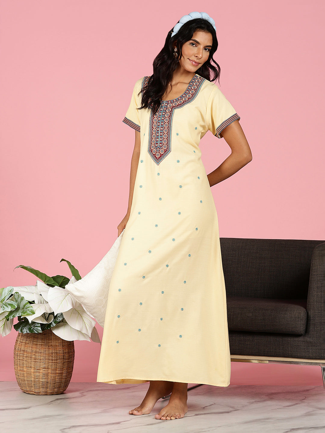 Classy Butter Yellow Alpine Embroidered Nighty For Women