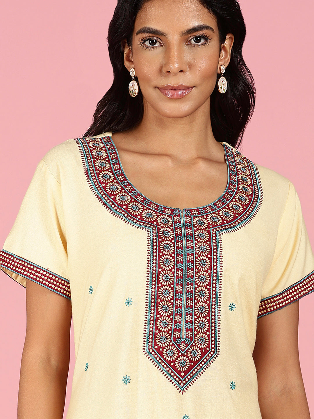 Classy Butter Yellow Alpine Embroidered Nighty For Women