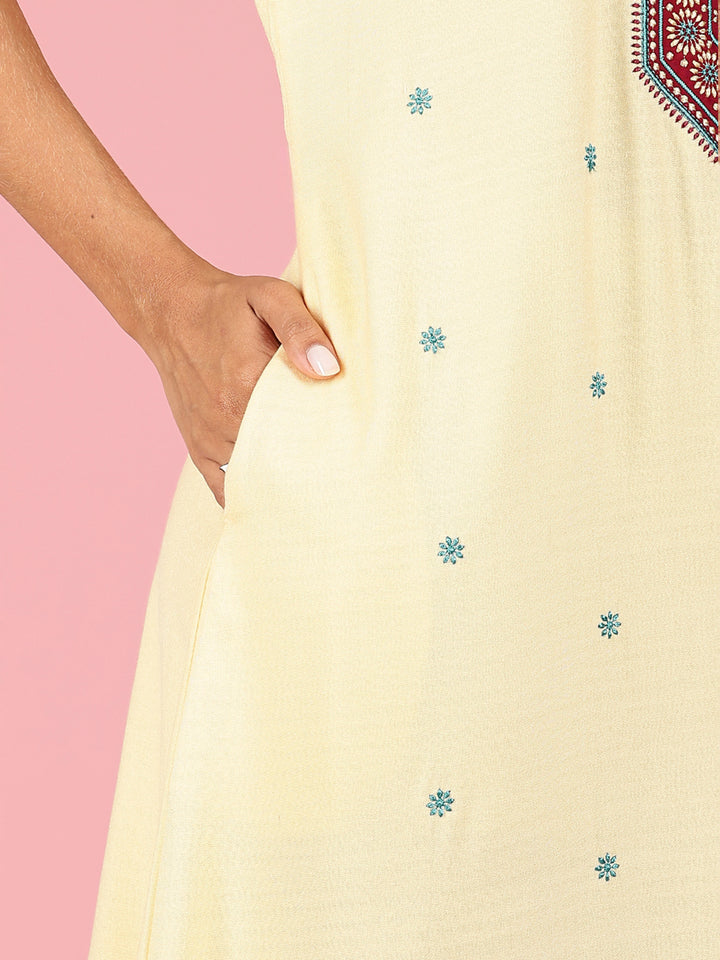 Classy Butter Yellow Alpine Embroidered Nighty For Women