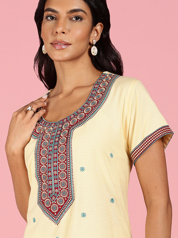 Classy Butter Yellow Alpine Embroidered Nighty For Women
