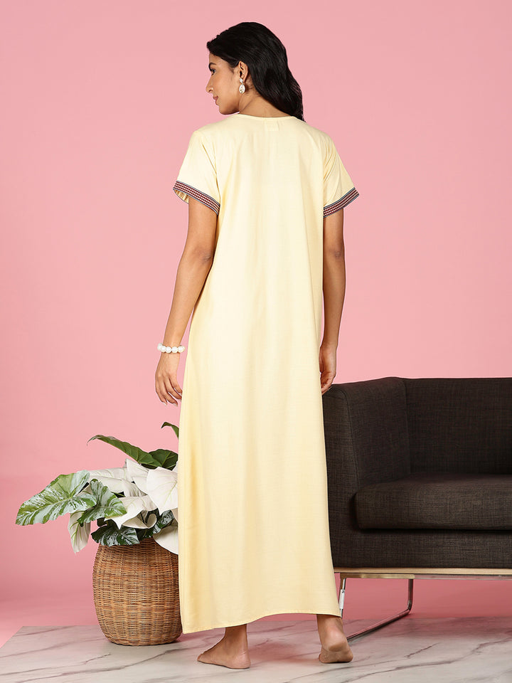 Classy Butter Yellow Alpine Embroidered Nighty For Women