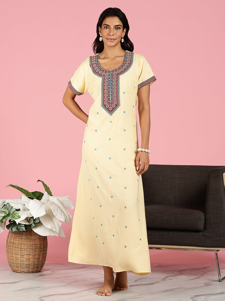 Classy Butter Yellow Alpine Embroidered Nighty For Women