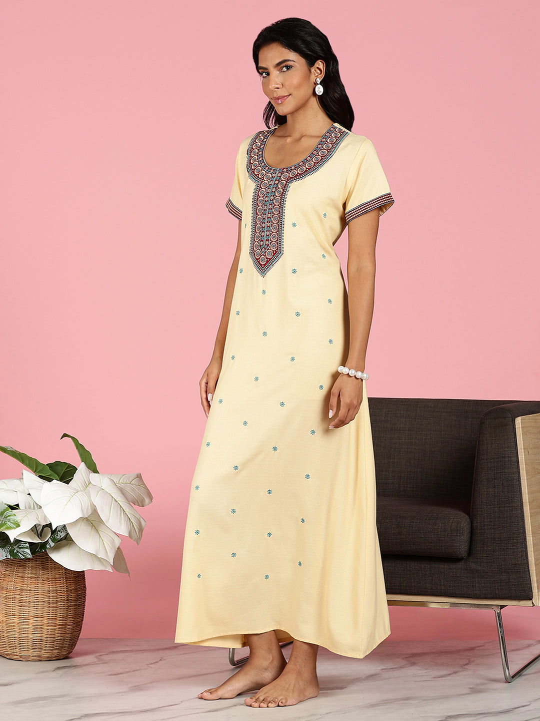 Classy Butter Yellow Alpine Embroidered Nighty For Women