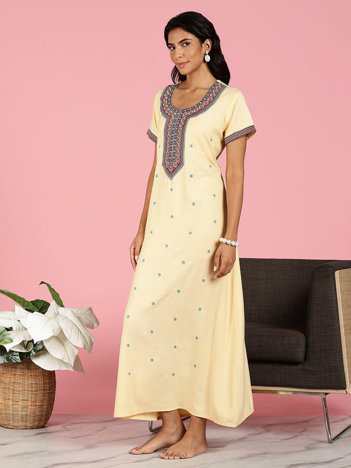 Classy Butter Yellow Alpine Embroidered Nighty For Women