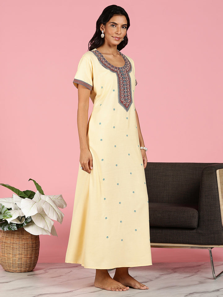 Classy Butter Yellow Alpine Embroidered Nighty For Women