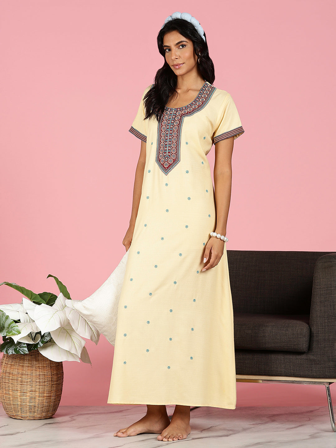 Classy Butter Yellow Alpine Embroidered Nighty For Women