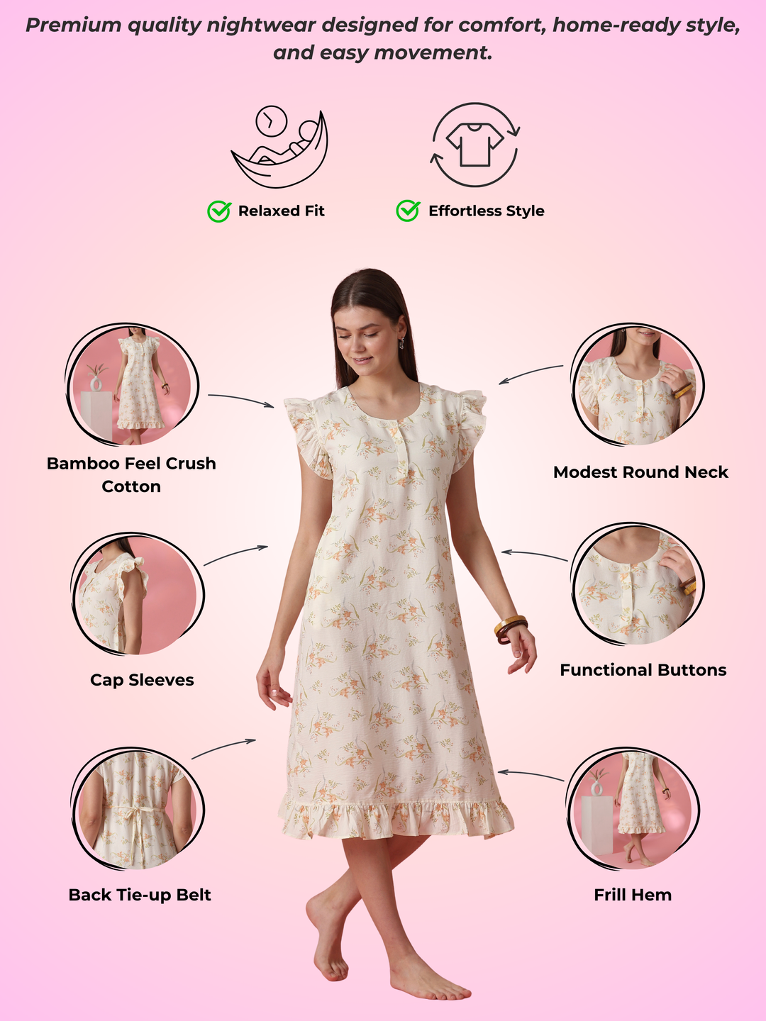Round Neck Nightdress with Side Pocket in Dreamy Yellow