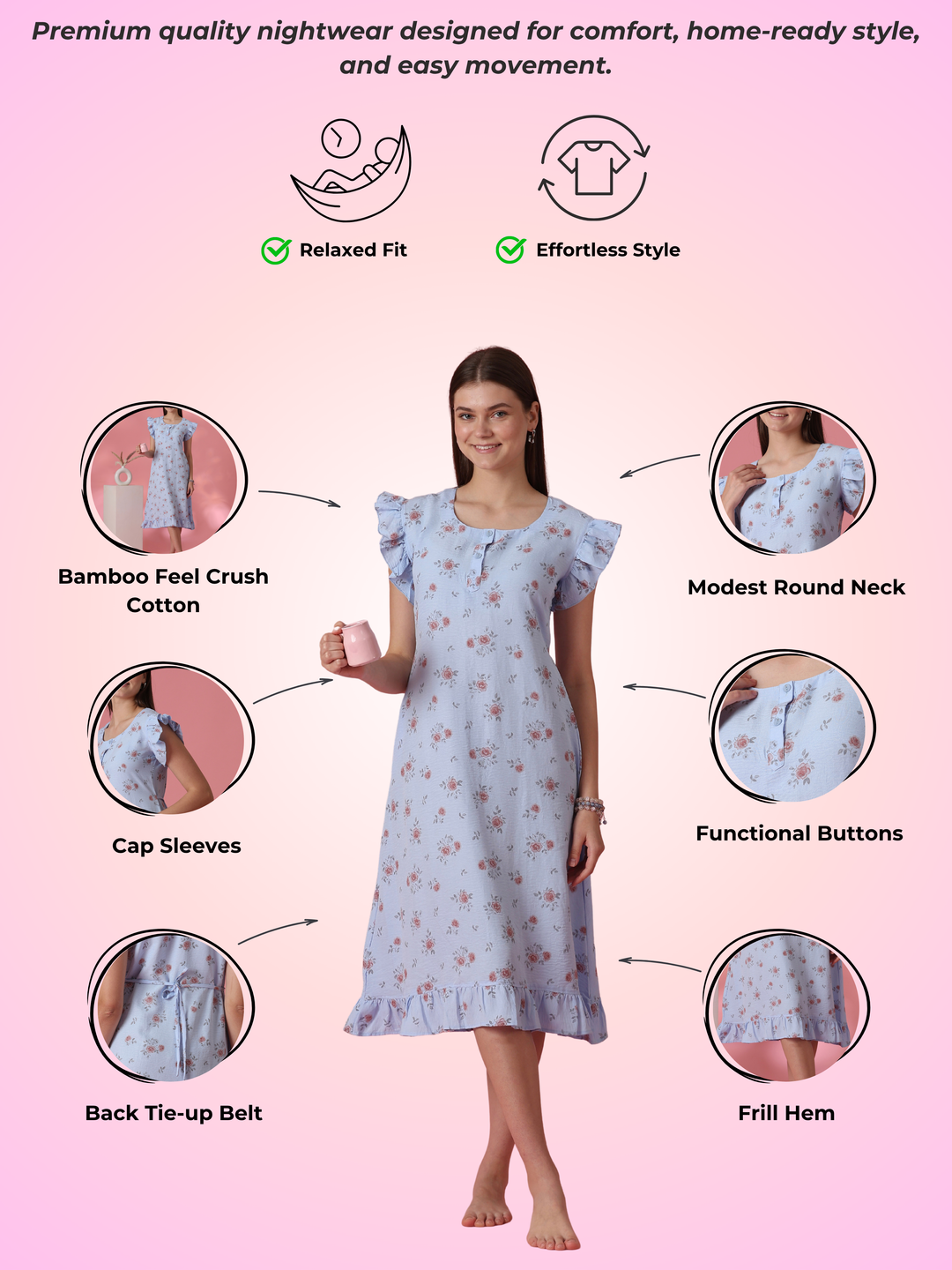 Frill Sleeve Rose Motif Crush Cotton Nighty for Women in Rosy Blue