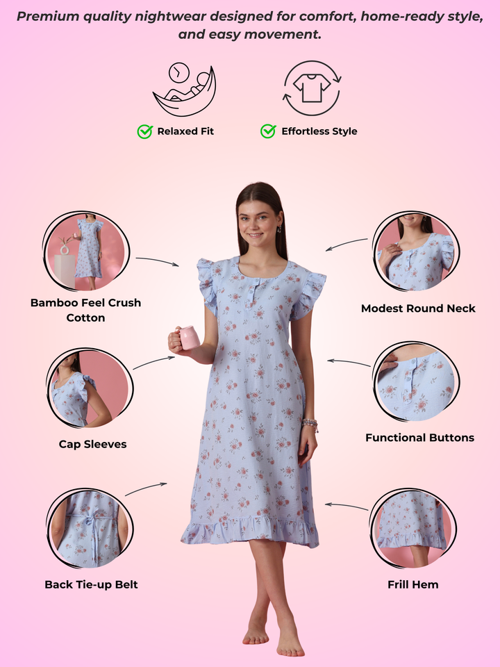 Frill Sleeve Rose Motif Crush Cotton Nighty for Women in Rosy Blue
