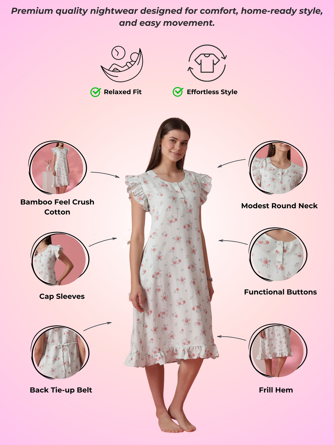 Adjustable Tie Up Waist Floral Nightdress for Women in Rosy Sage