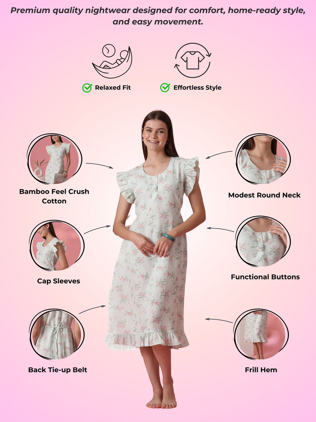 A Line Bamboo Feel Short Nightdress with Back Tie Up Detail