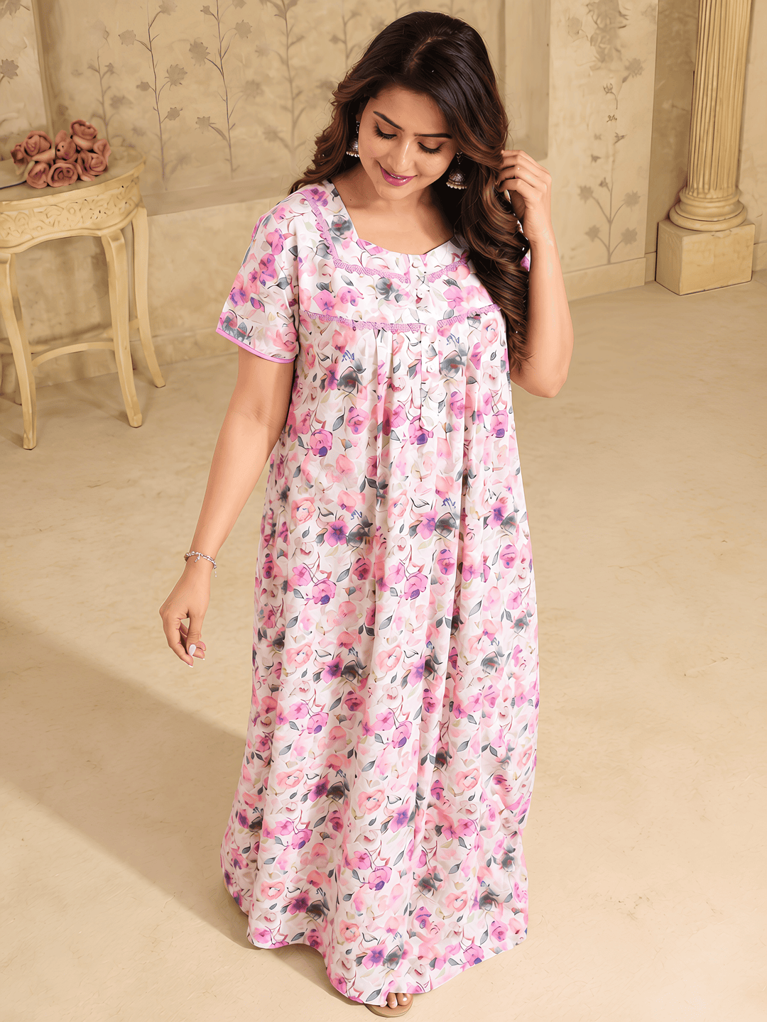 Cotton Chikankari Purple Floral Nighty with Pocket and Lace