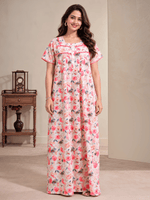 Cotton Chikankari Red Floral Nighty with Lace and Pocket