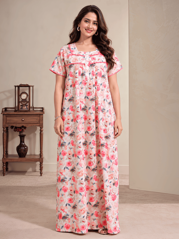 Cotton Chikankari Red Floral Nighty with Lace and Pocket
