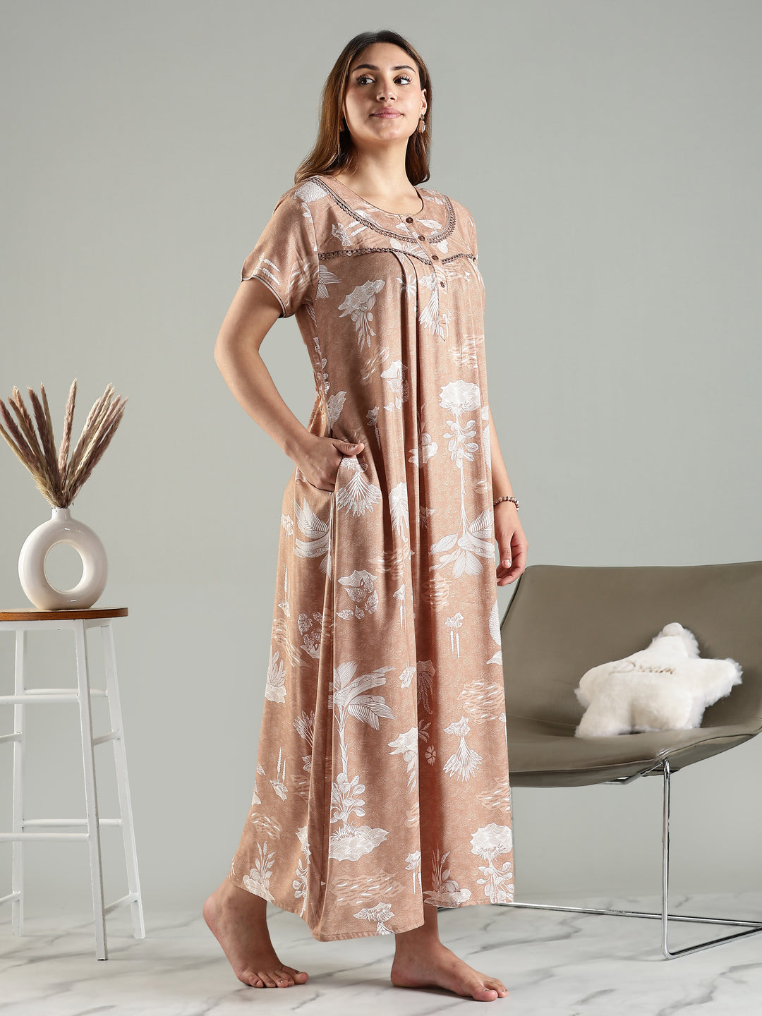 Front Open Nighty For Women in Caramel Floral Print