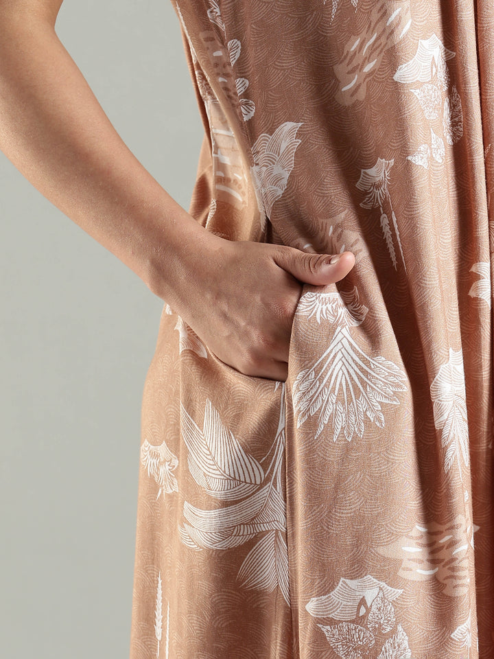 Front Open Nighty For Women in Caramel Floral Print