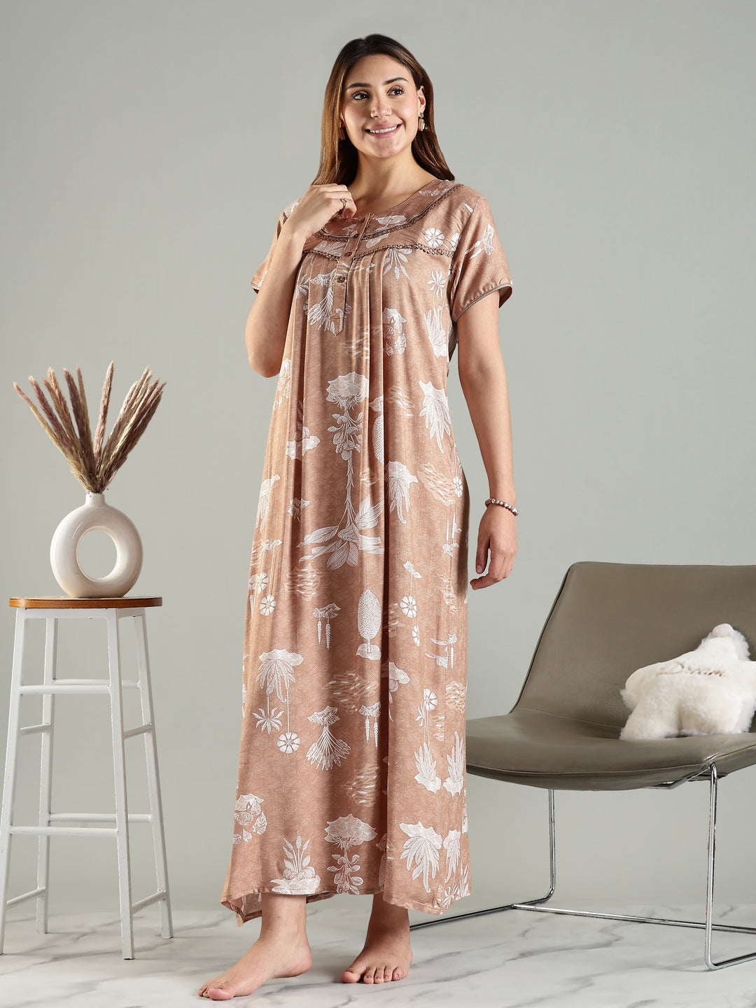 Front Open Nighty For Women in Caramel Floral Print