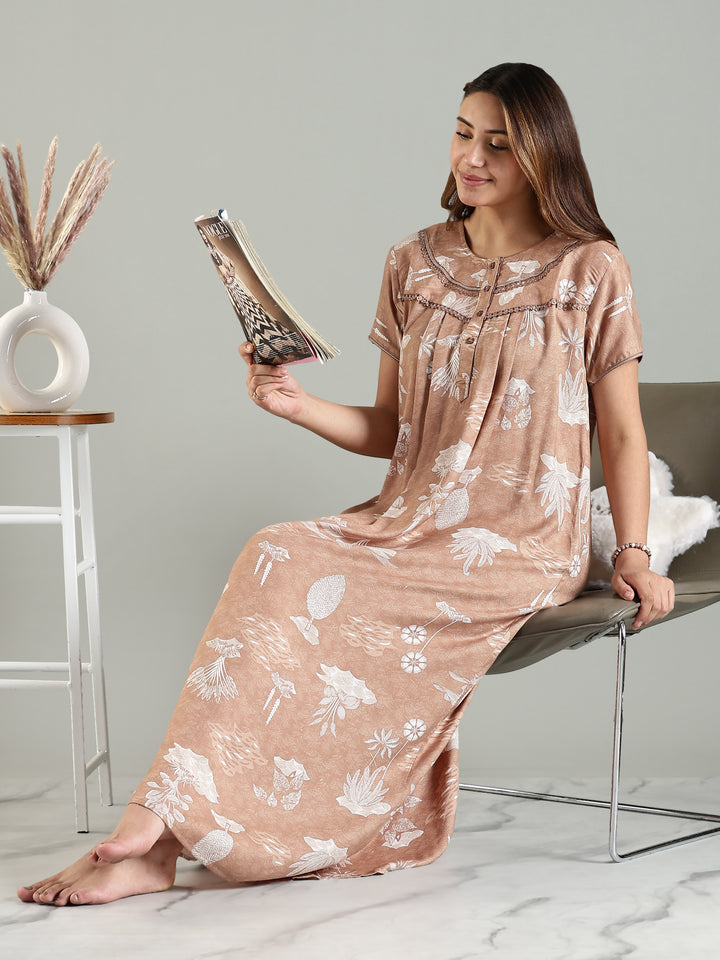 Front Open Nighty For Women in Caramel Floral Print