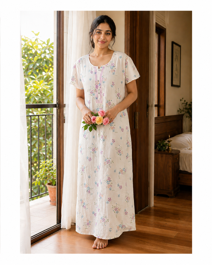Meadow Peach Floral Crush Cotton Nighty for Women Breathable