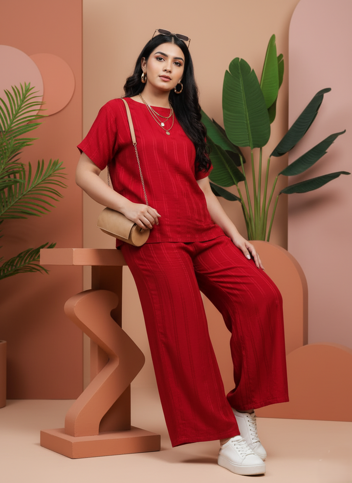 Rayon Round Neck Co-ord Sets Dark Red