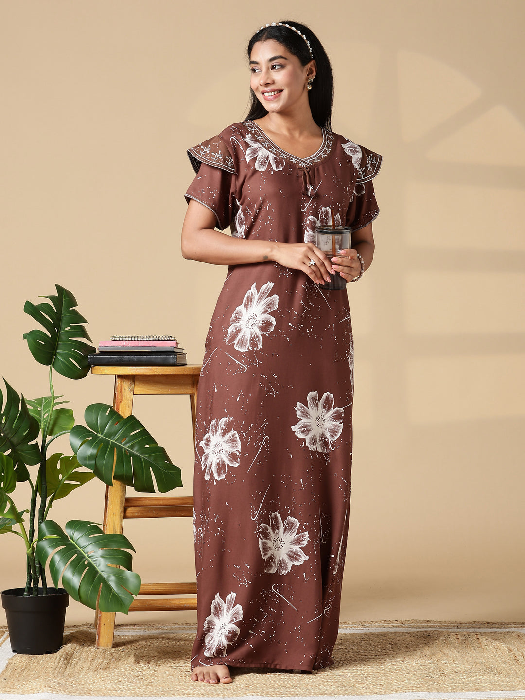 Classy Coffee Floral Rayon Night Gown for Women