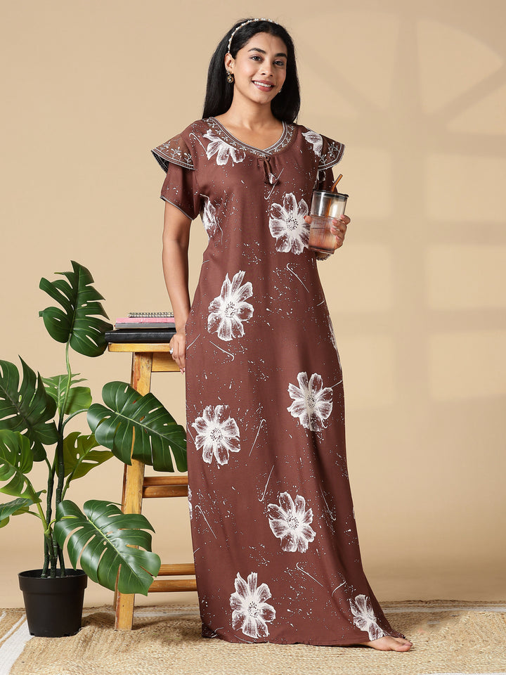 Classy Coffee Floral Rayon Night Gown for Women