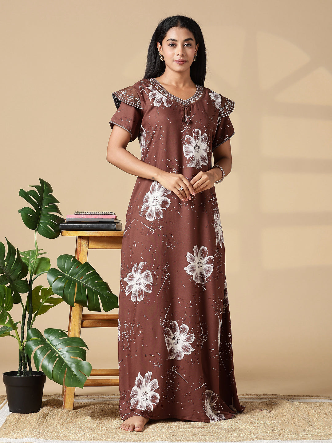 Classy Coffee Floral Rayon Night Gown for Women