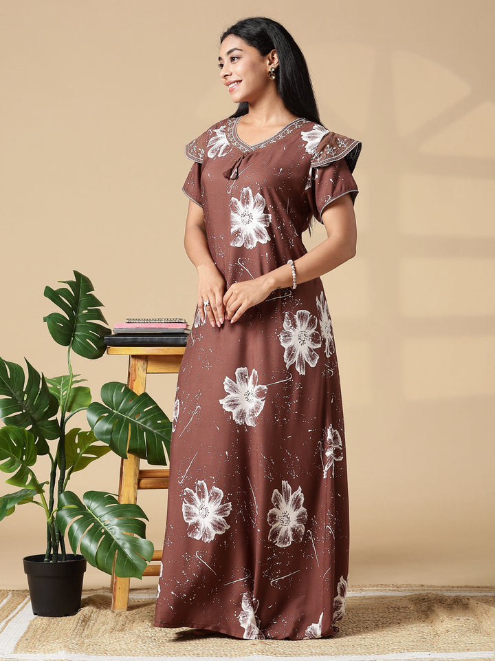Classy Coffee Floral Rayon Night Gown for Women