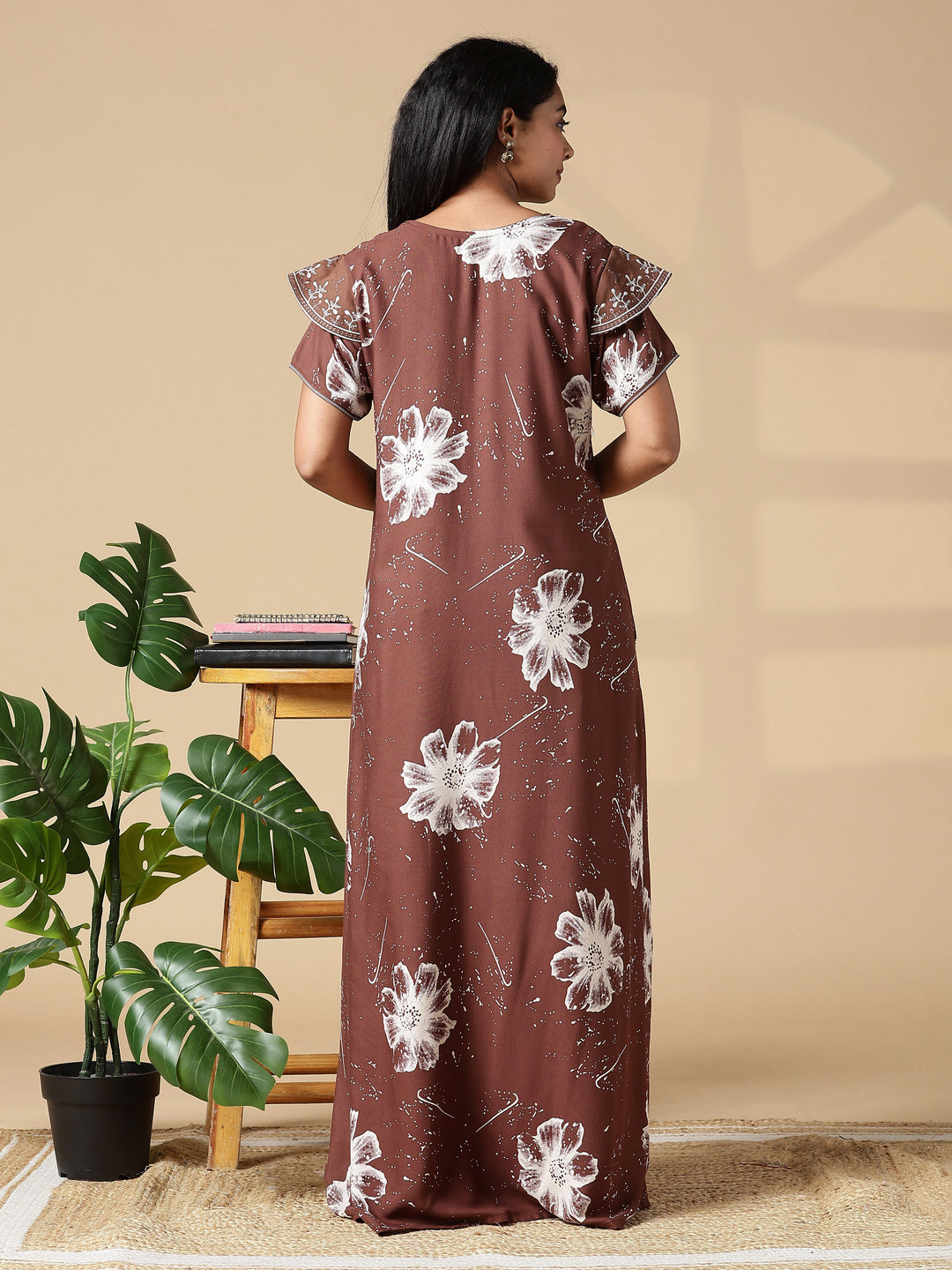 Classy Coffee Floral Rayon Night Gown for Women