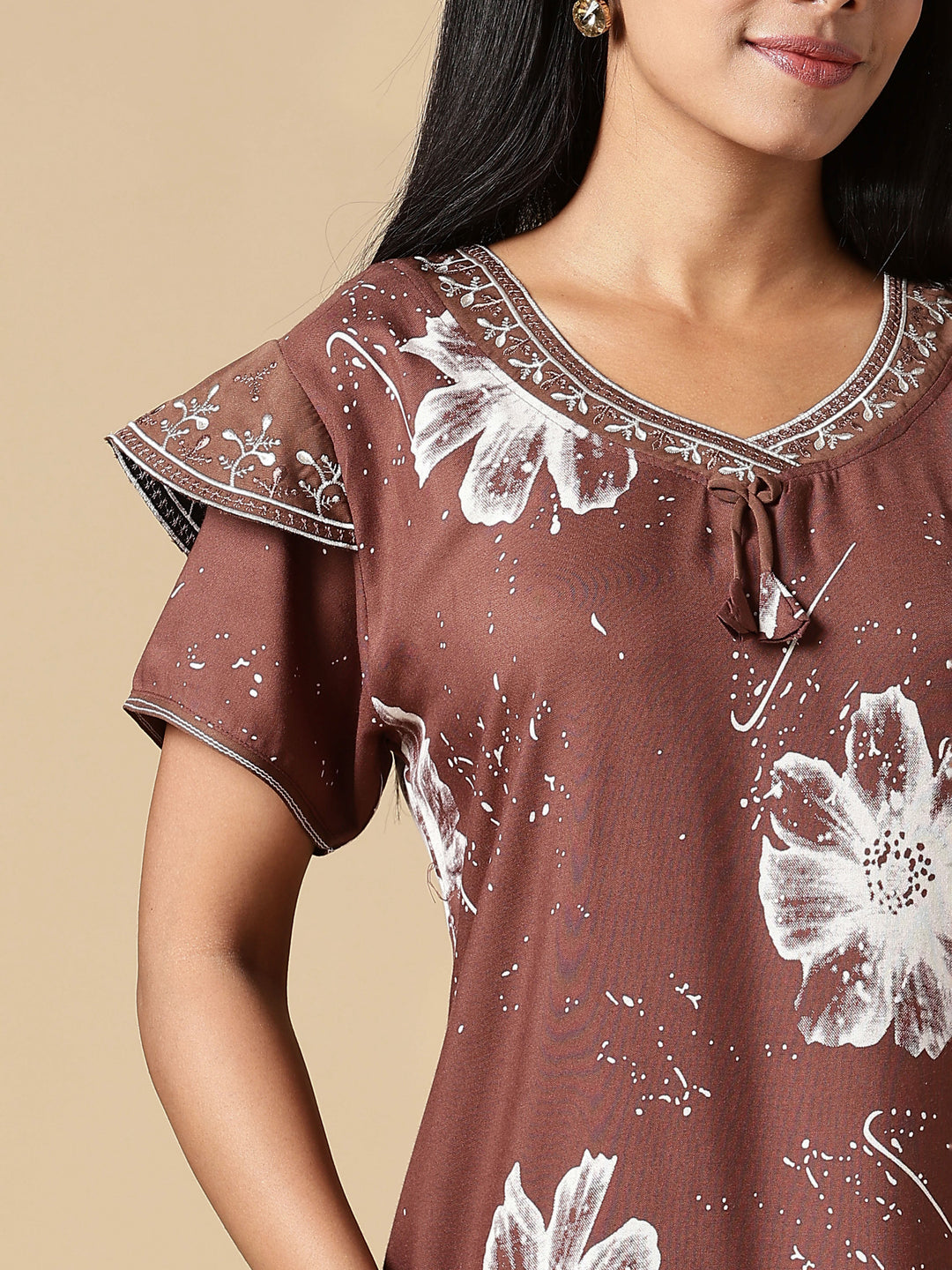Classy Coffee Floral Rayon Night Gown for Women