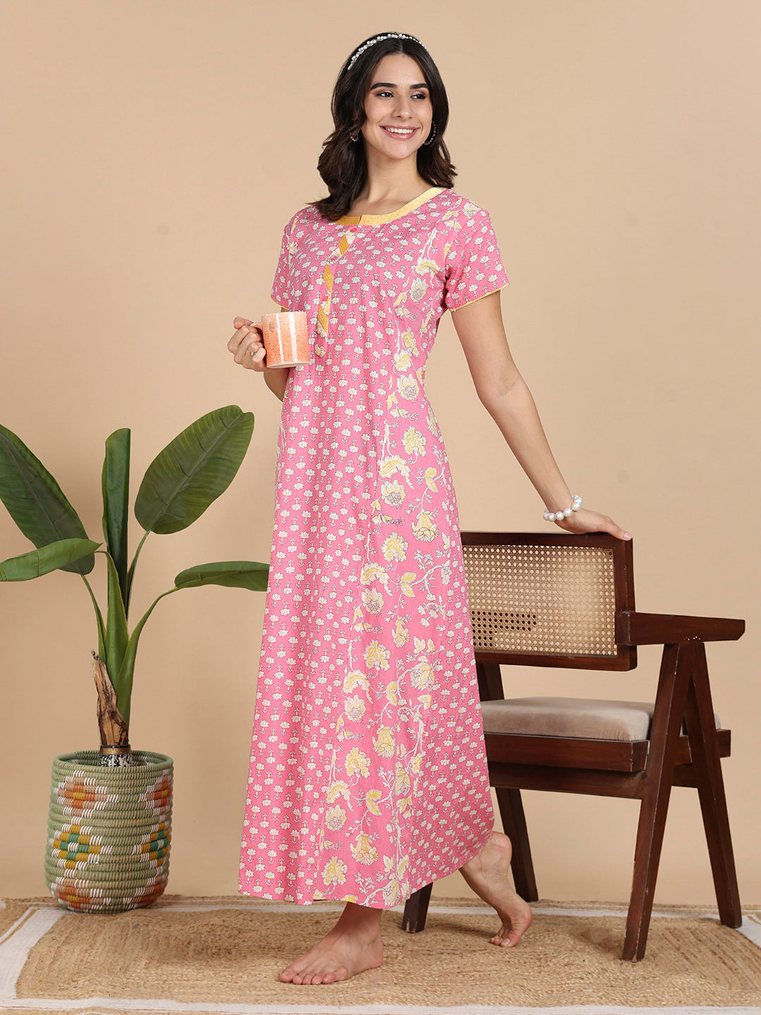 Shop Coral Pink Pure Cotton Night Dress For Women Online 9shines label Shop Coral Pink Pure Cotton Night Dress For Women Online 9shines label
