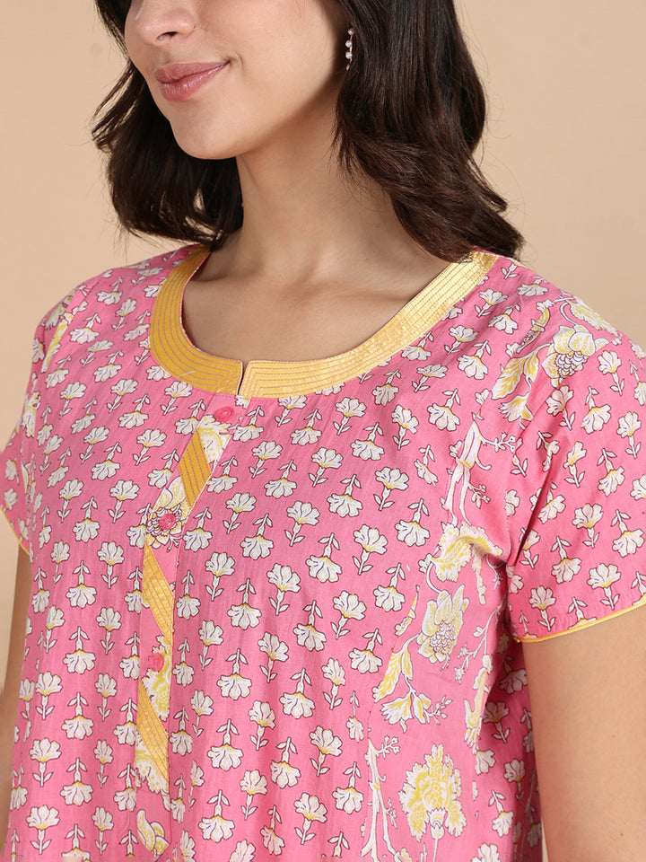 Coral Pink Pure Cotton Night Dress For Women With Pocket