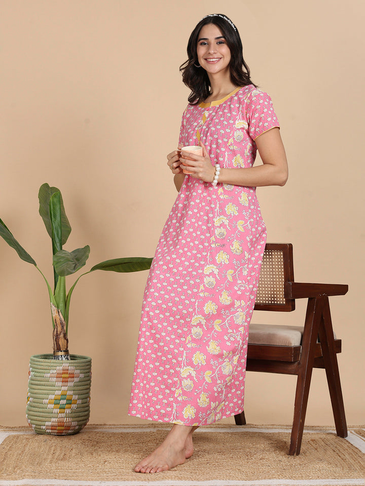 Coral Pink Pure Cotton Night Dress For Women With Pocket