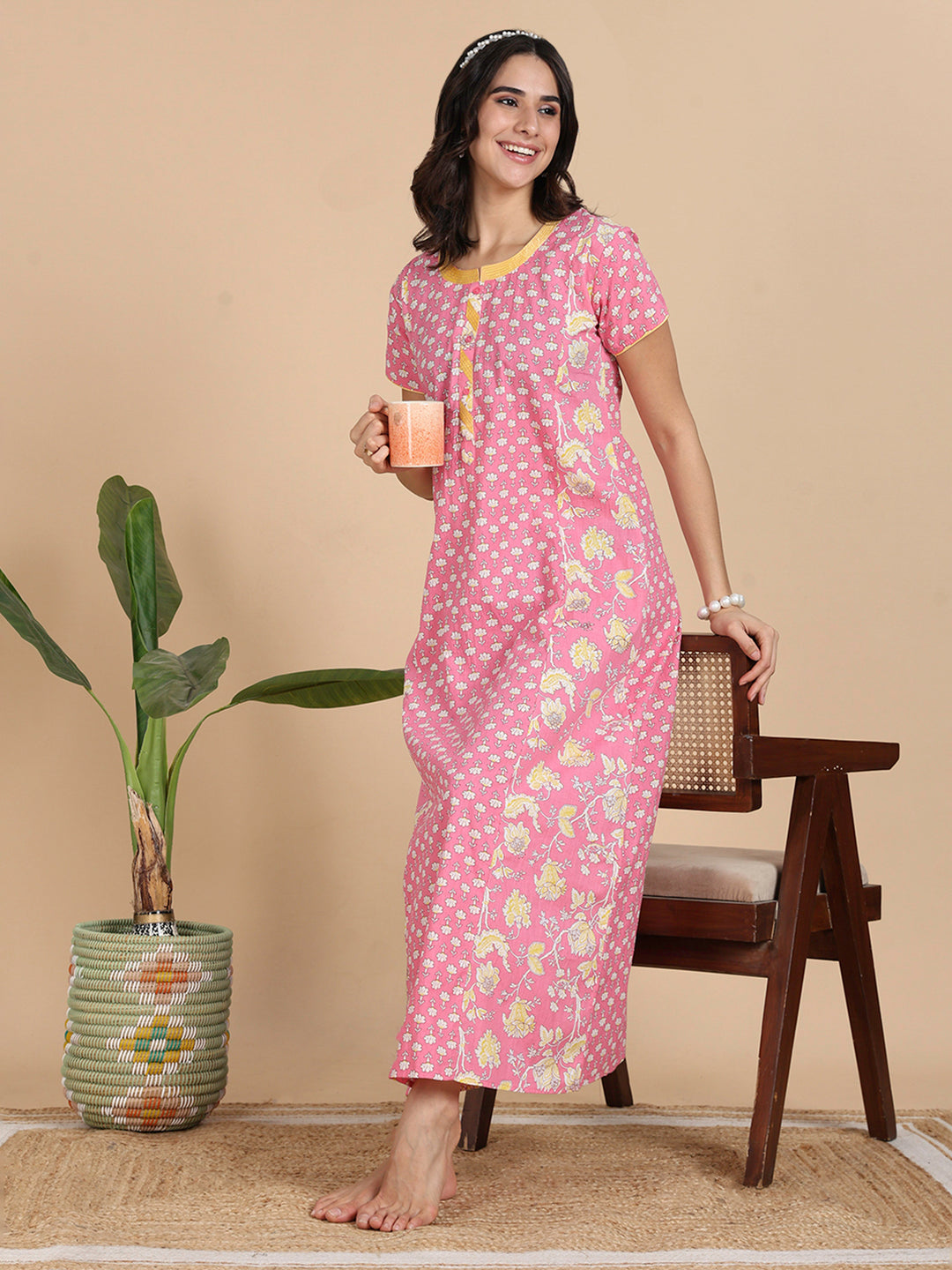 Coral Pink Pure Cotton Night Dress For Women With Pocket