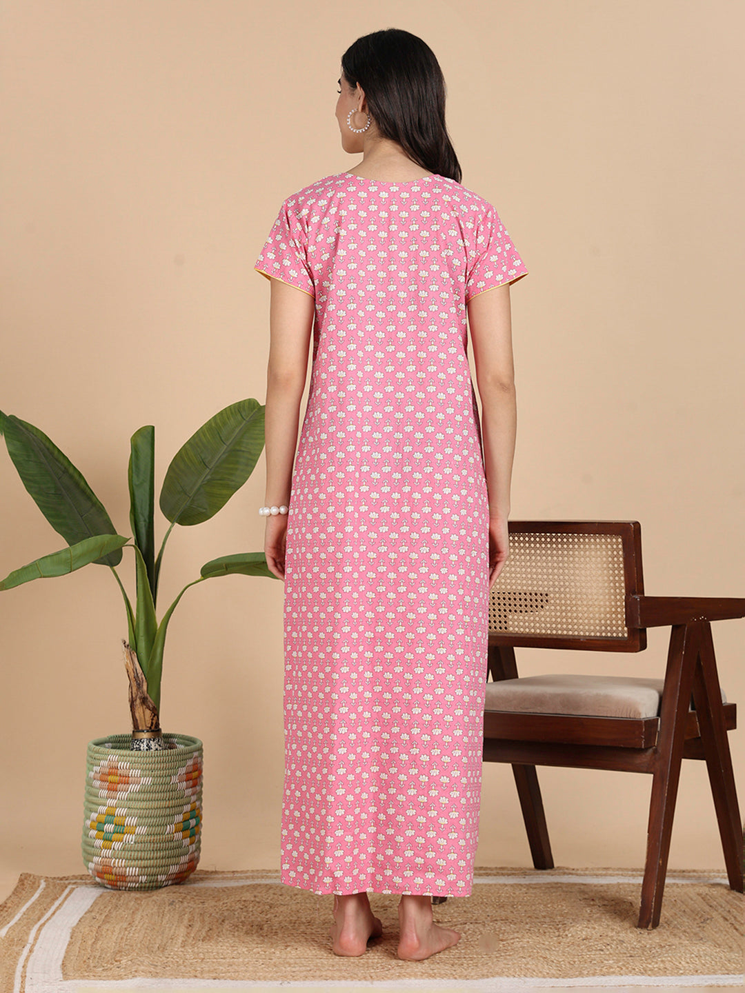 Coral Pink Pure Cotton Night Dress For Women With Pocket
