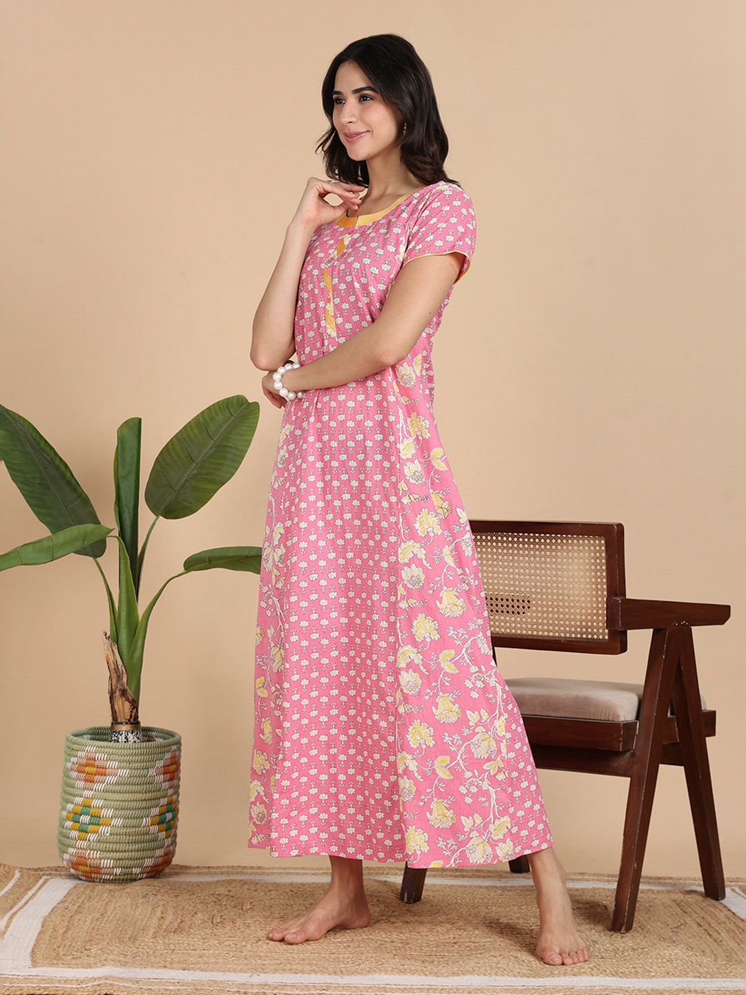 Coral Pink Pure Cotton Night Dress For Women With Pocket