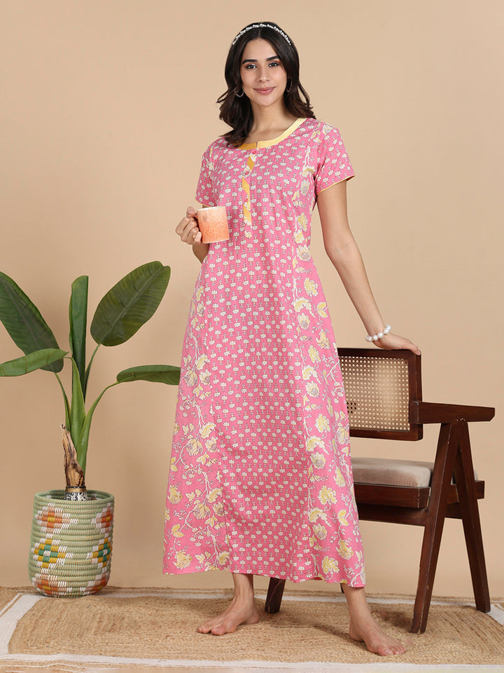 Coral Pink Pure Cotton Night Dress For Women With Pocket
