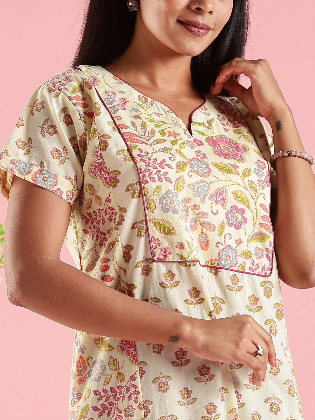 Cream Floral Premium Jaipuri Pure Cotton Nighty with Pocket