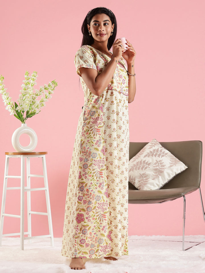 Cream Floral Premium Jaipuri Pure Cotton Nighty with Pocket