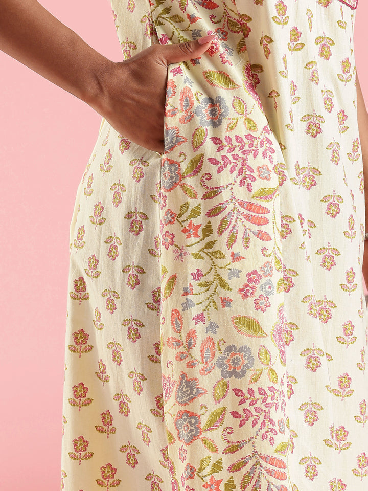 Cream Floral Premium Jaipuri Pure Cotton Nighty with Pocket
