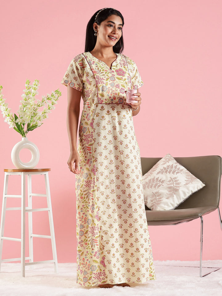 Cream Floral Premium Jaipuri Pure Cotton Nighty with Pocket
