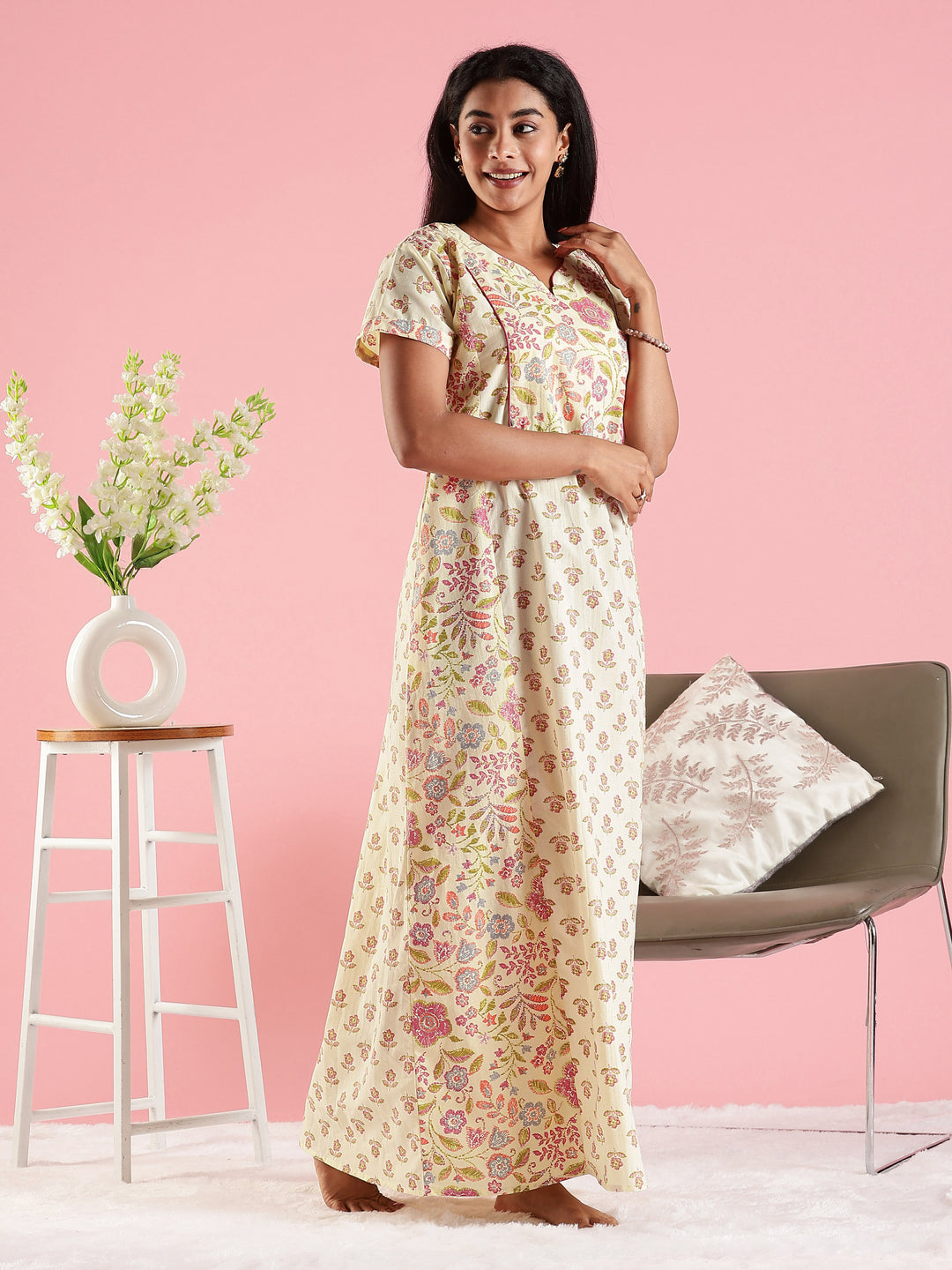 Cream Floral Premium Jaipuri Pure Cotton Nighty with Pocket