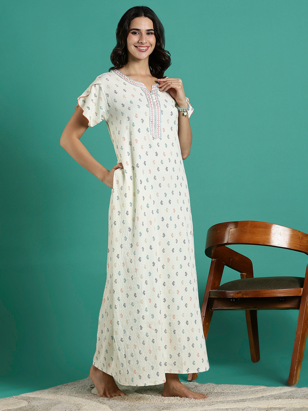 Creamy Floral Print Premium Crush Cotton Ladies Nighty Dress Bamboo Crush Cotton / XXL/50 Creamy Floral Print Premium Crush Cotton Ladies Nighty Dress Bamboo Crush Cotton / XXL/50