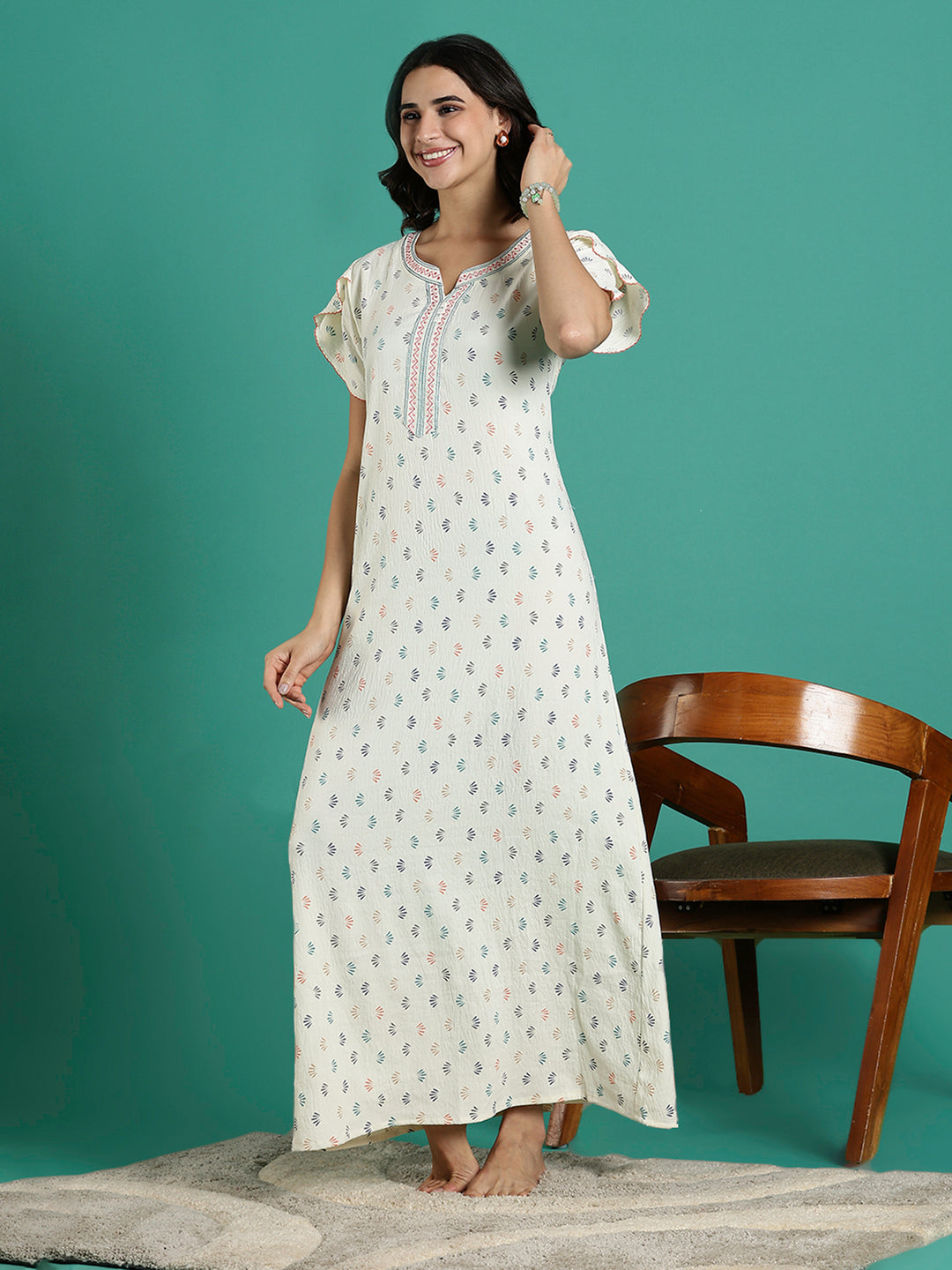 Creamy Floral Print Premium Crush Cotton Ladies Nighty Dress