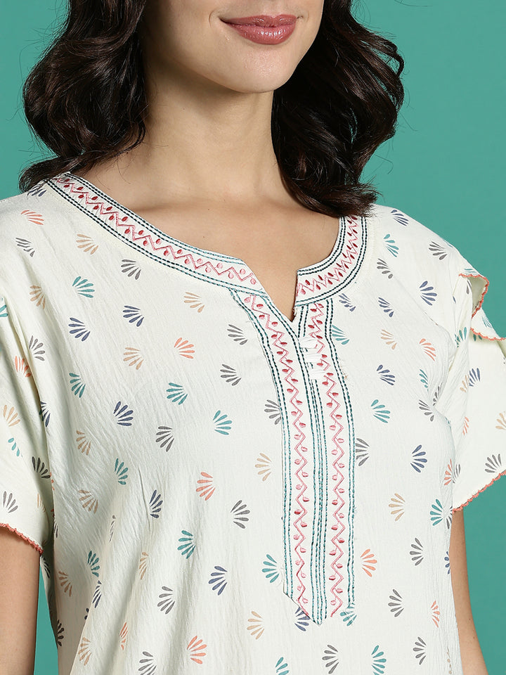 Creamy Floral Print Premium Crush Cotton Ladies Nighty Dress