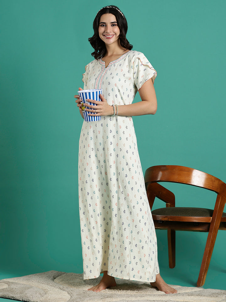 Creamy Floral Print Premium Crush Cotton Ladies Nighty Dress