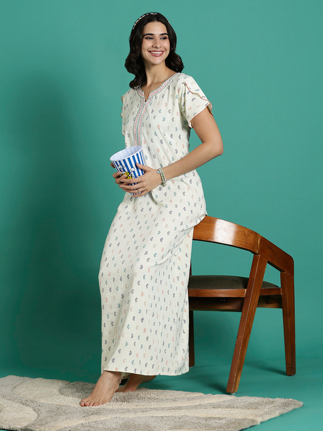 Creamy Floral Print Premium Crush Cotton Ladies Nighty Dress